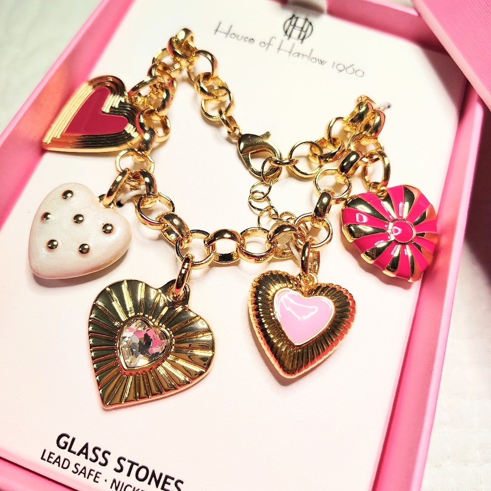 House of Harlow 1960 Gorgeous Gold Enamel Accent Heart Valentine Bracelet GIFT!